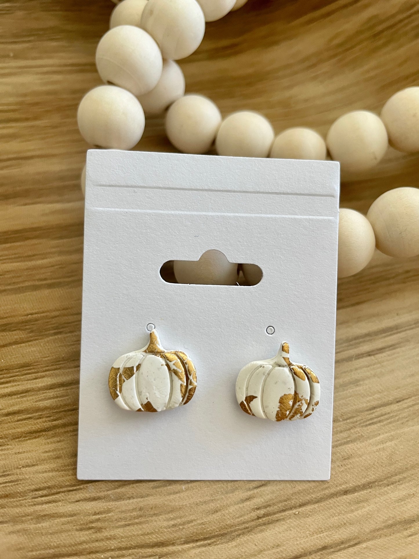 Clay Pumpkin Earrings | White & Gold Foil