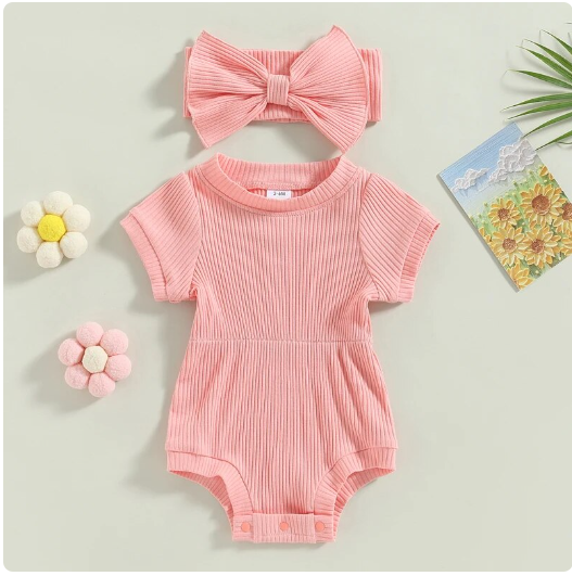 Pink Ribbed Jumpsuit & Matching Bow | 6-9m