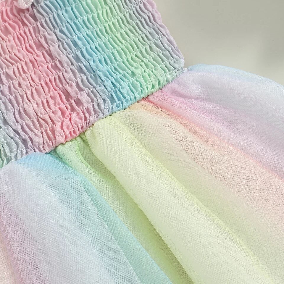 Pleated Rainbow Tulle Dress